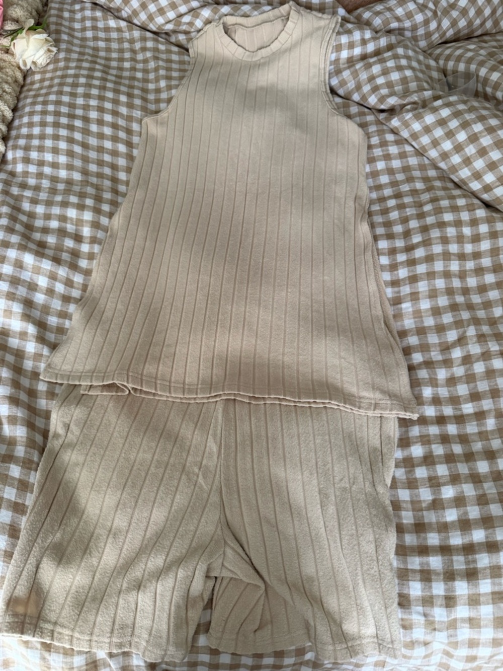 Ribbed Sleeveless Knit Top & Shorts Set in Beige for pregnancy